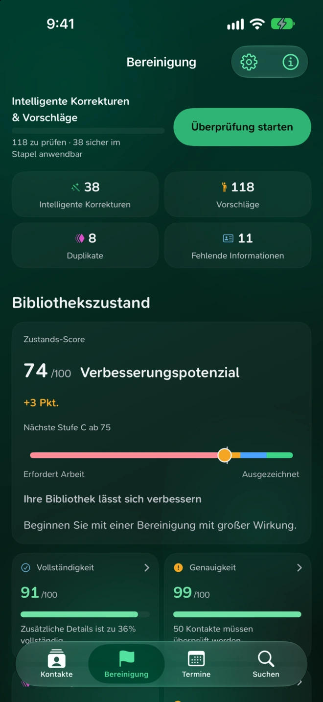 Bereinigungsübersicht in Cadre mit Intelligenten Korrekturen, Vorschlägen, Duplikaten und dem Wert für den Bibliothekszustand.