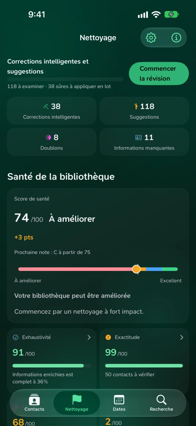 Vue d’ensemble du Nettoyage dans Cadre avec Corrections intelligentes, Suggestions, Doublons et le score de Santé de la bibliothèque.