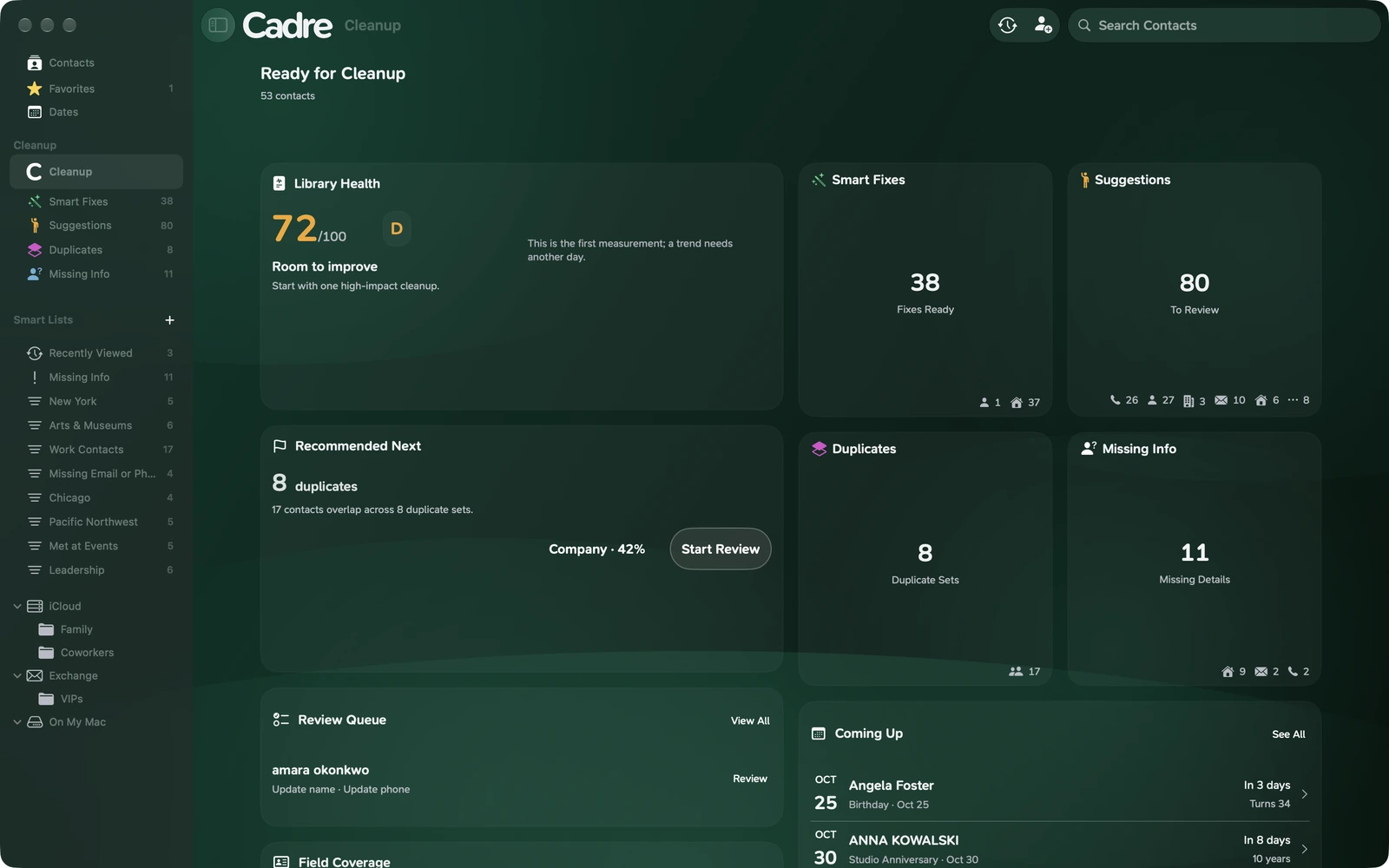 Cadre’s native Mac window showing the Cleanup overview, sidebar navigation, and toolbar search with sample contacts.