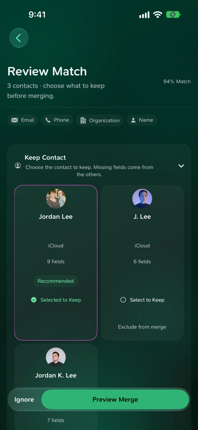 Duplicate review comparing three sample contacts, showing matching evidence and a Preview Merge action.