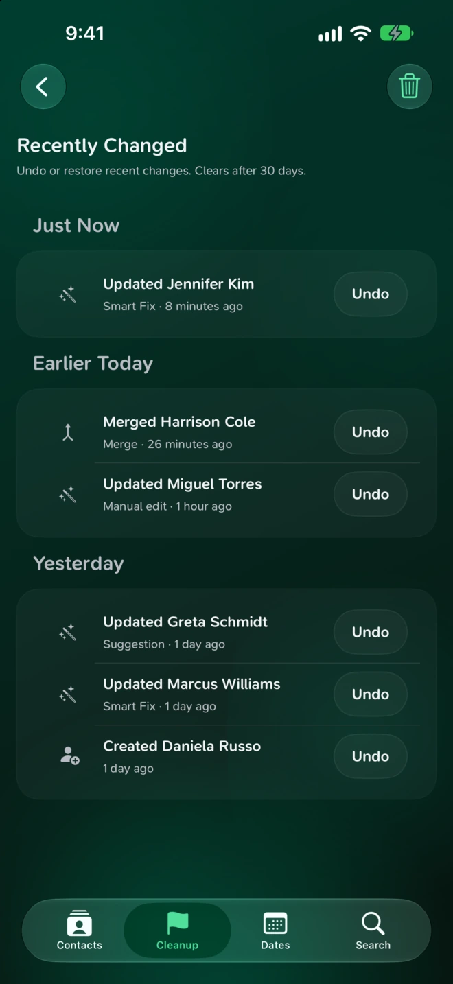 Recently Changed lists sample contact edits and merges with individual Undo buttons.