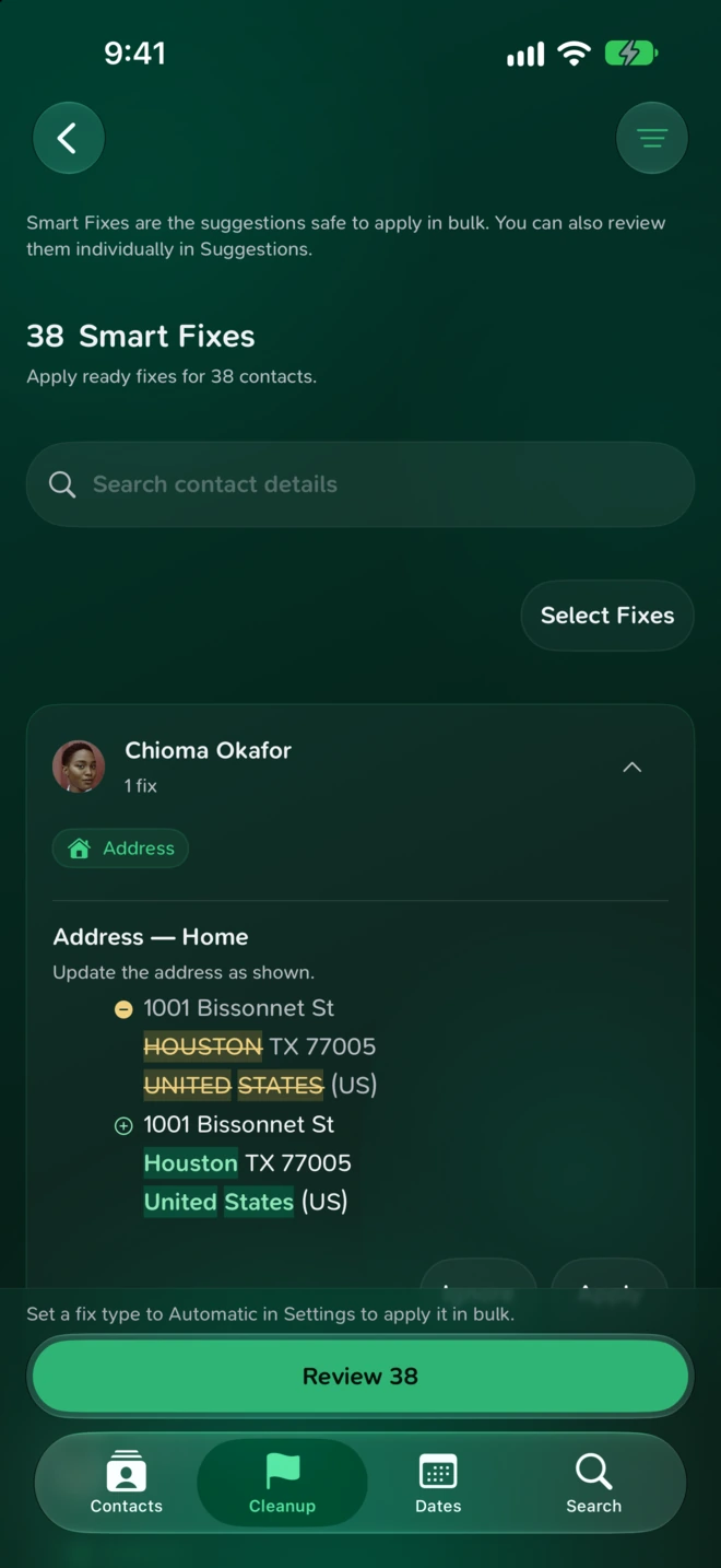 A Smart Fix showing a sample address before and after formatting, with Ignore and Apply controls.